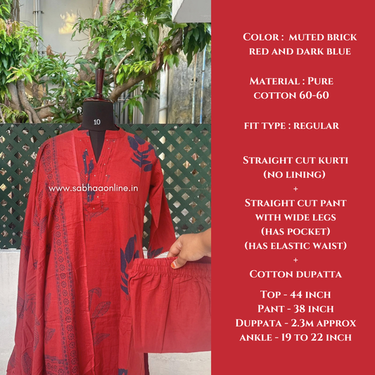 Yashita - Muted Brick Red and Dark blue Cotton Kurti 3pc set without lining - LN 75