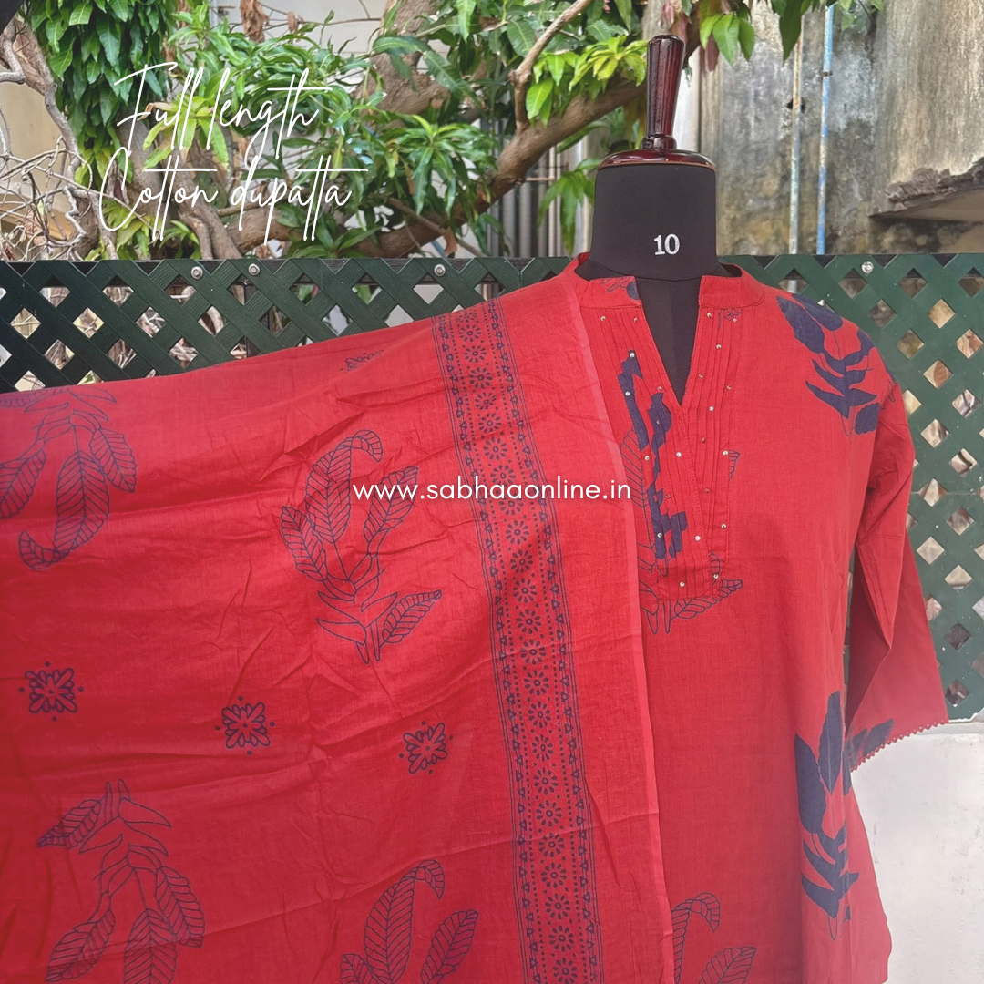 Yashita - Muted Brick Red and Dark blue Cotton Kurti 3pc set without lining - LN 75