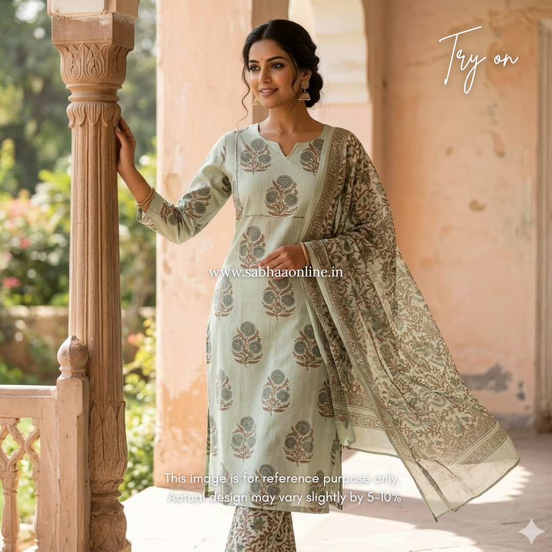 Nayeema - Pale Mint Cotton Kurti 3pc set with lining (Slim fit)- LN 46