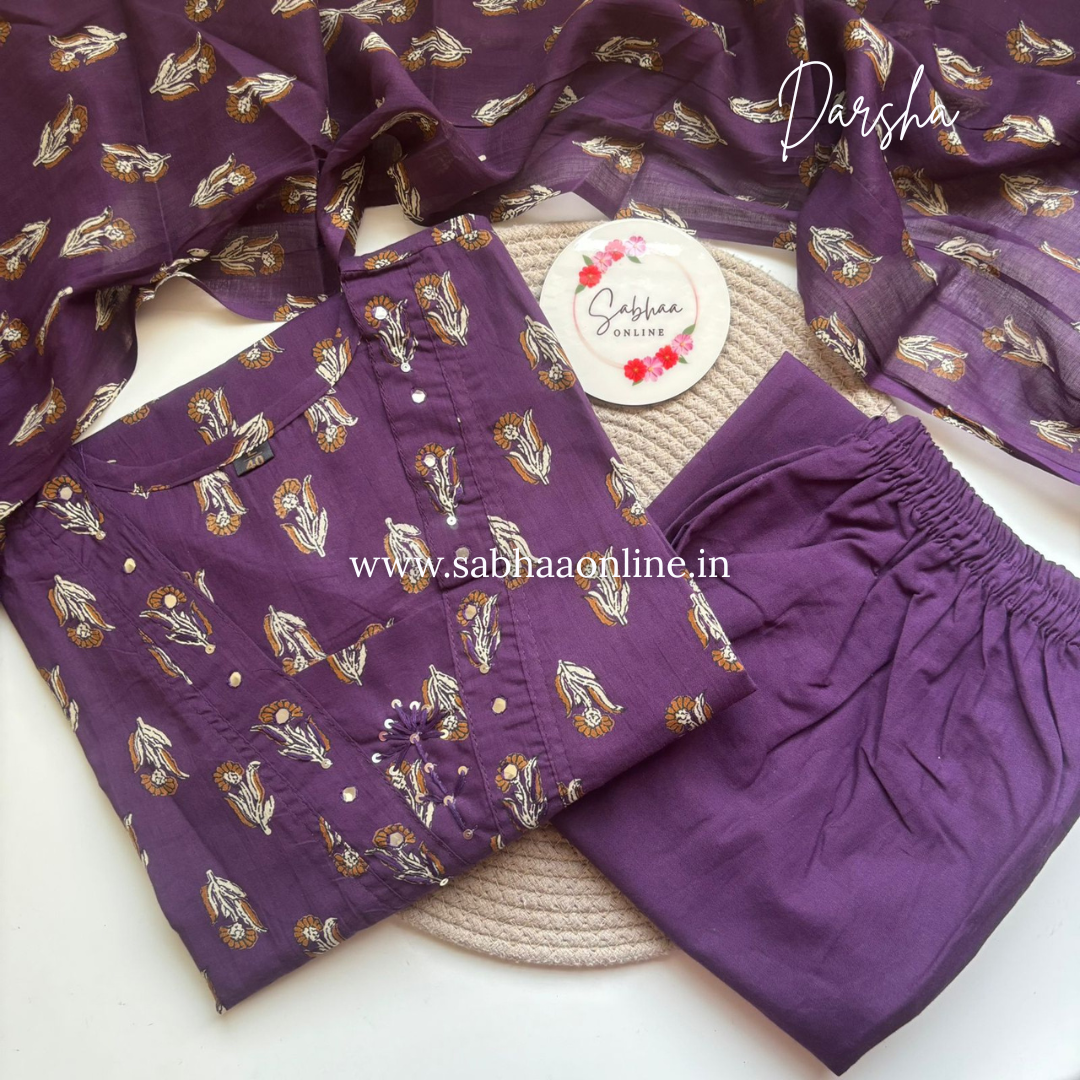Darsha - Purple Cotton Kurti 3pc set - LN 54