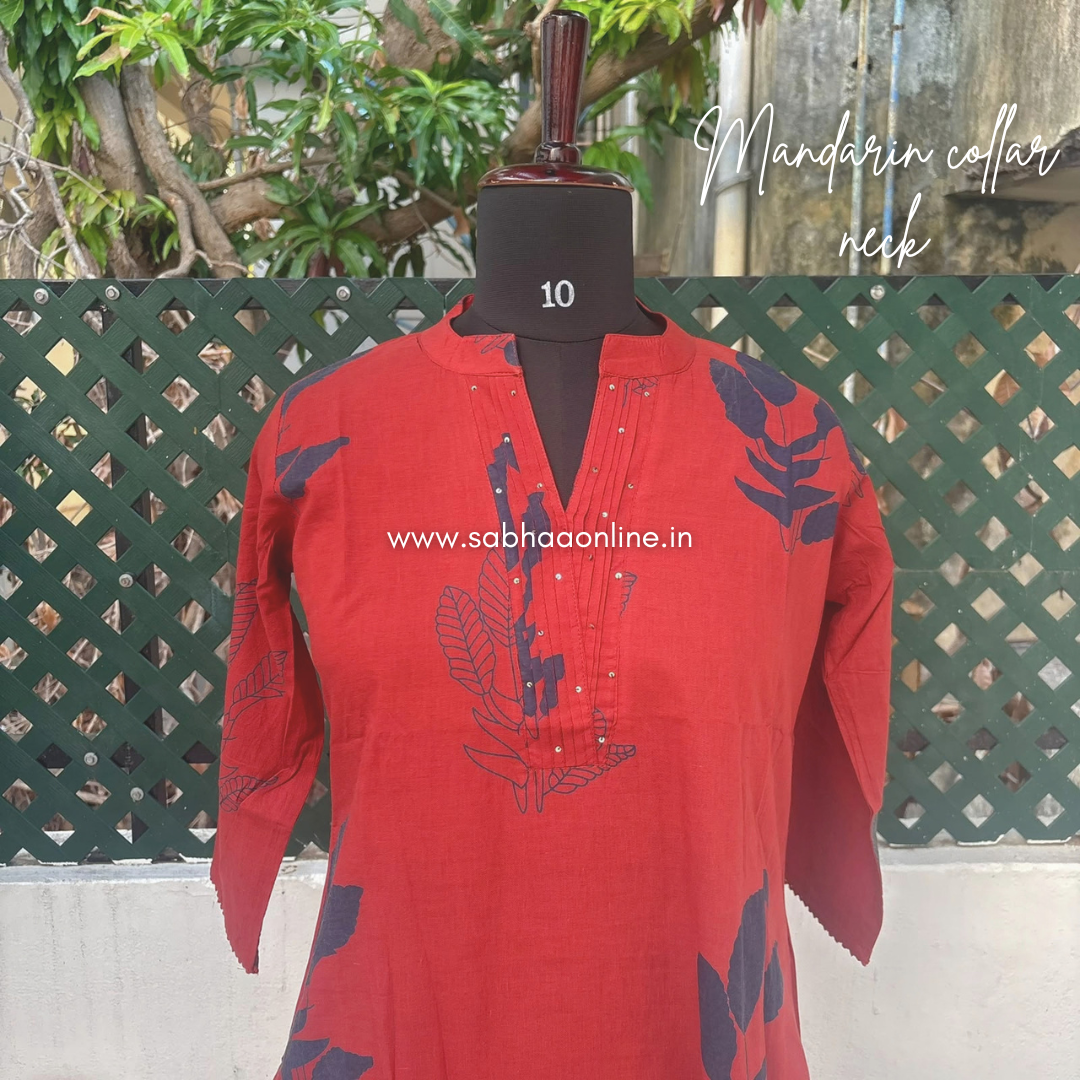 Yashita - Muted Brick Red and Dark blue Cotton Kurti 3pc set without lining - LN 75