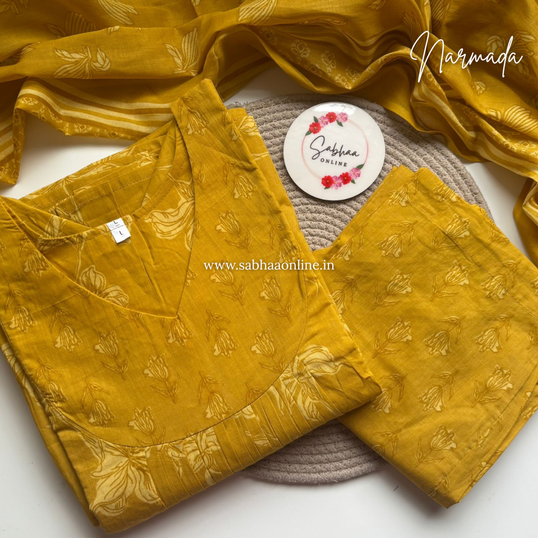 Narmada - Bright Mustard Yellow Aline Cotton kurti 3pc set with lining - LN 52