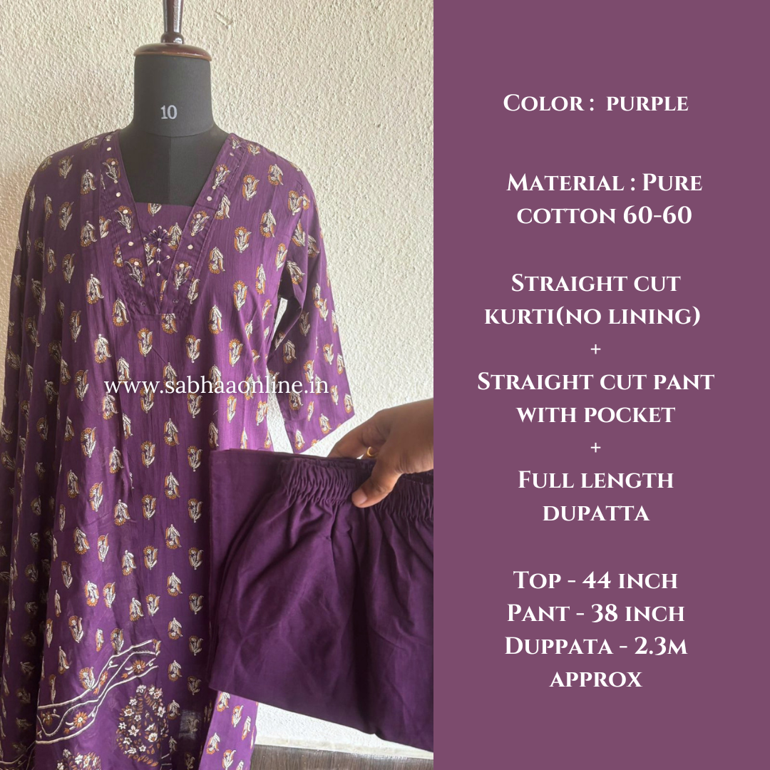 Darsha - Purple Cotton Kurti 3pc set - LN 54