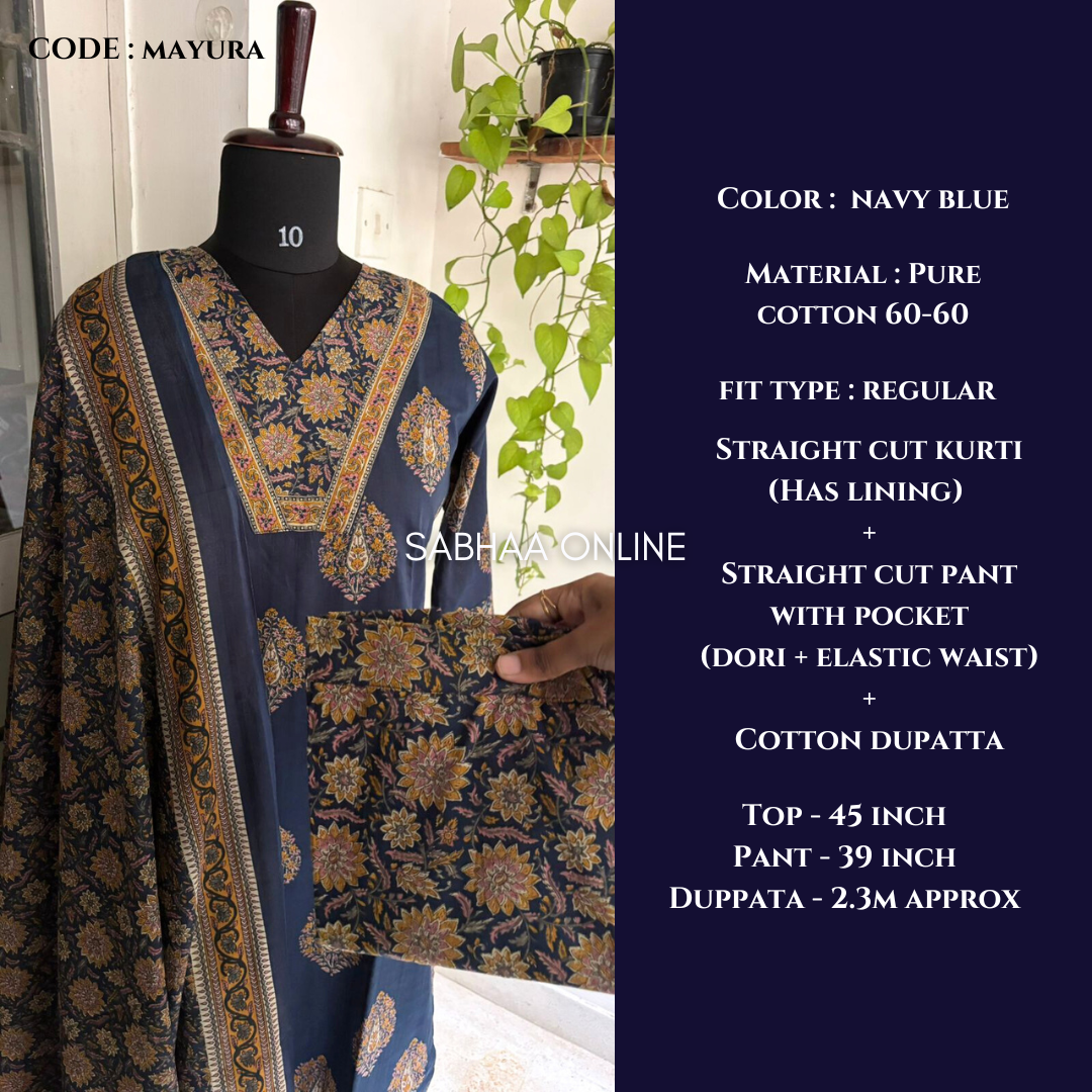 Mayura - Navy Blue Cotton Kurti 3pc set with lining