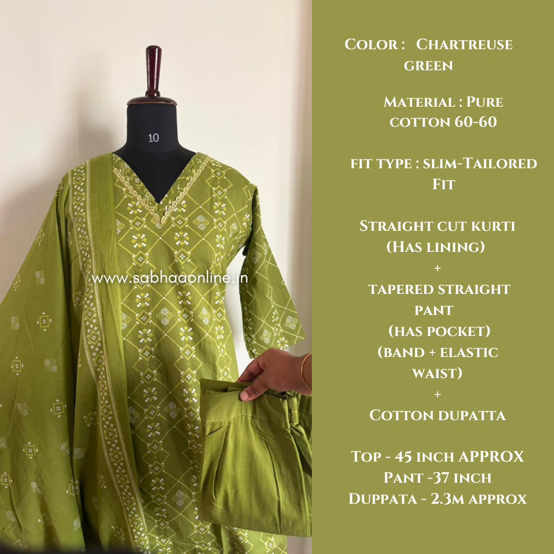 Sneha - Chartreuse green/light green Cotton kurti 3pc set with lining - LN 66