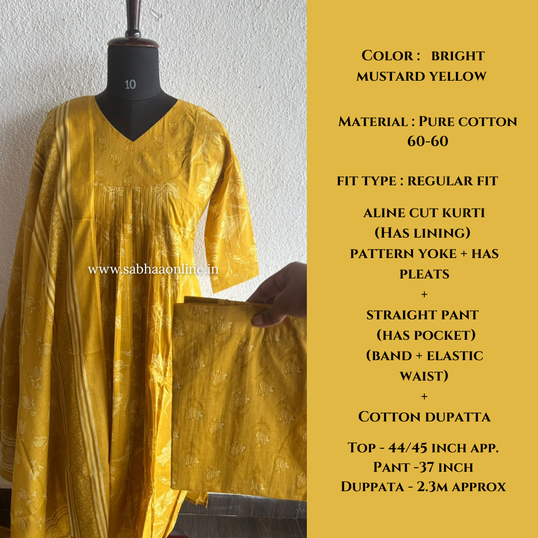 Narmada - Bright Mustard Yellow Aline Cotton kurti 3pc set with lining - LN 52