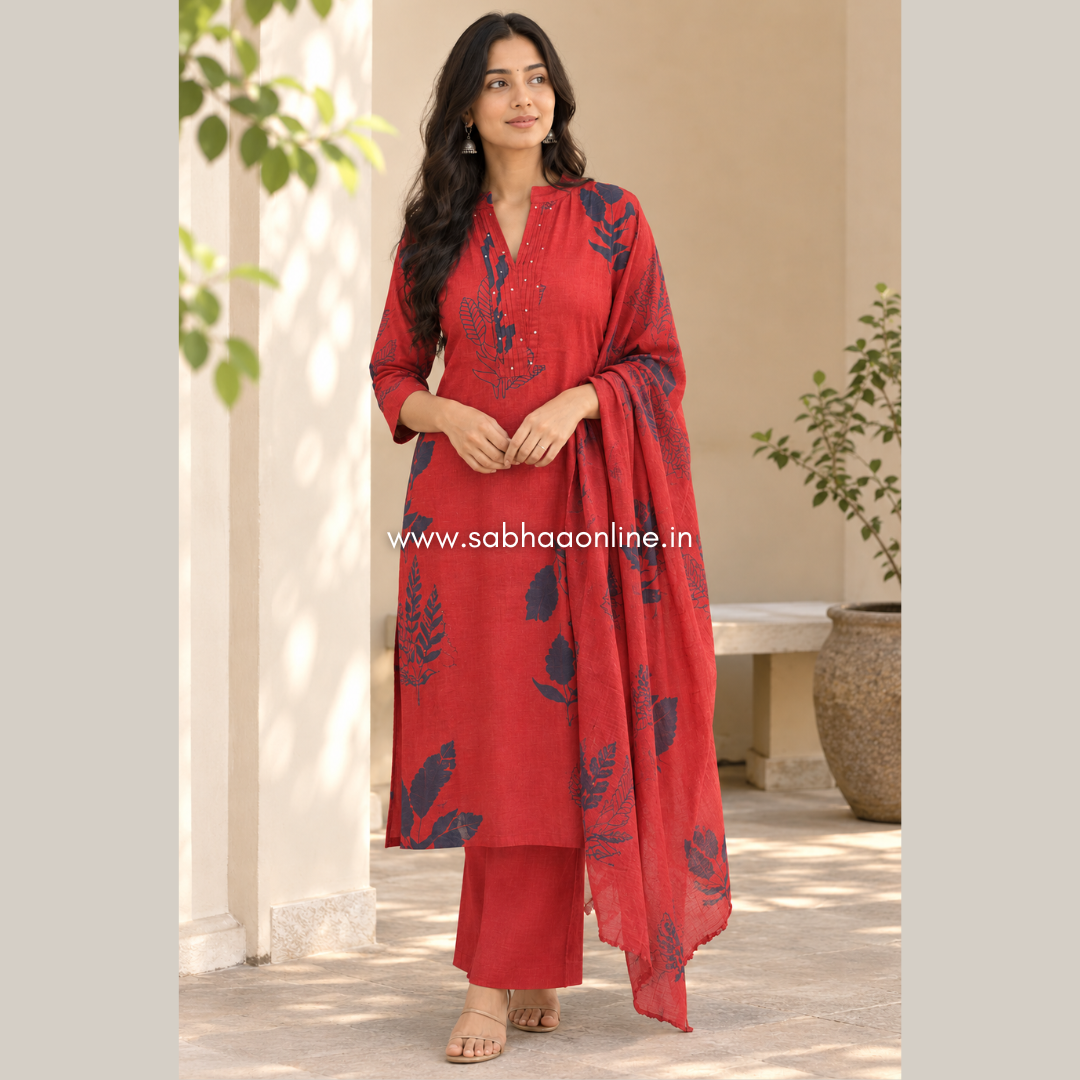 Yashita - Muted Brick Red and Dark blue Cotton Kurti 3pc set without lining - LN 75