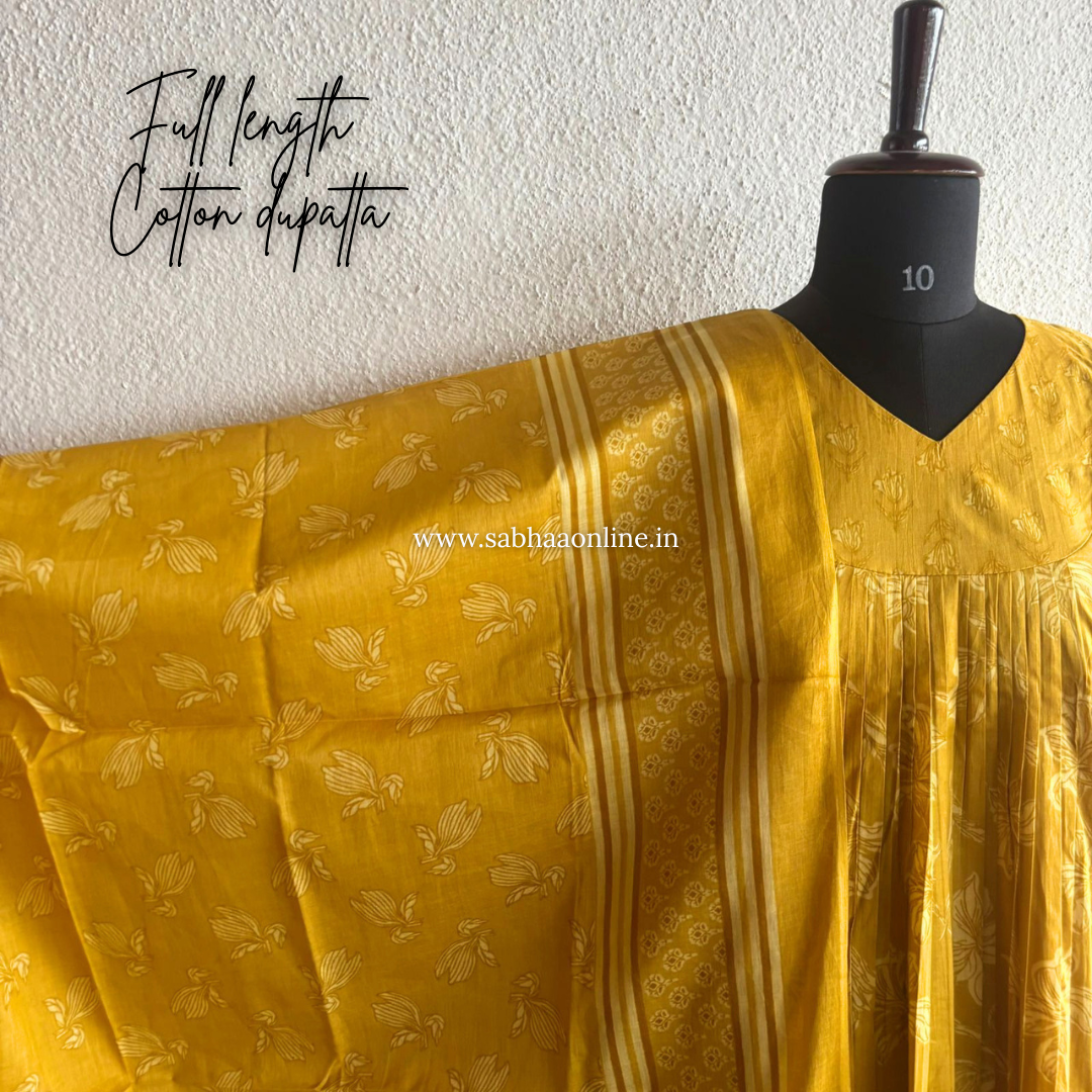 Narmada - Bright Mustard Yellow Aline Cotton kurti 3pc set with lining - LN 52