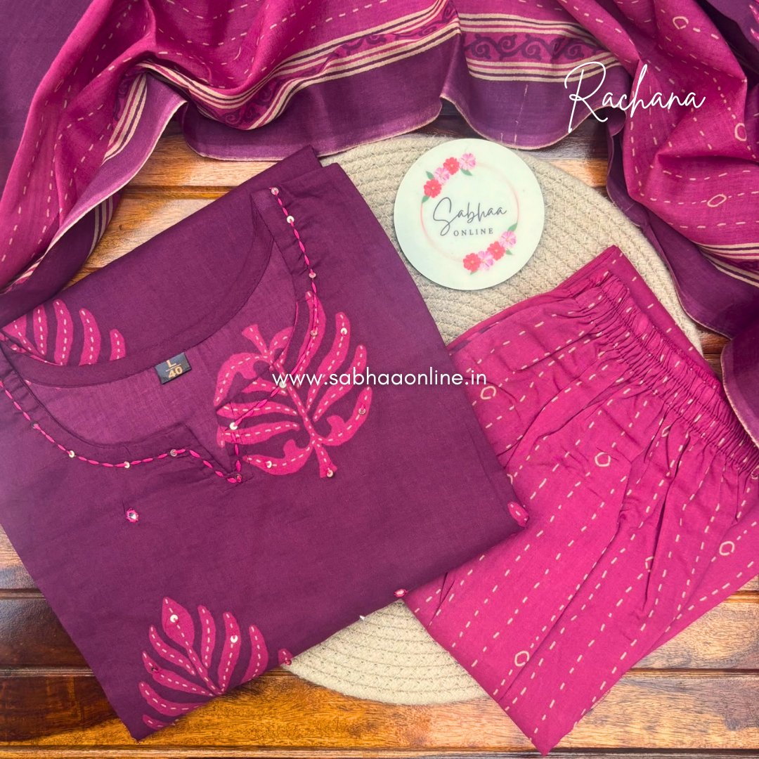 Rachana - Plum and Purple Cotton kurti 3pc set without lining - LN 75