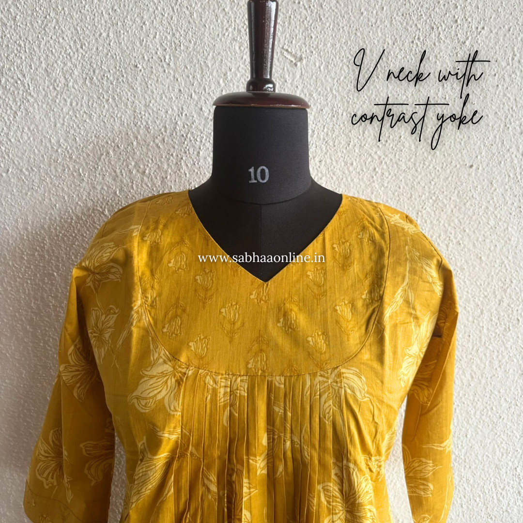Narmada - Bright Mustard Yellow Aline Cotton kurti 3pc set with lining - LN 52