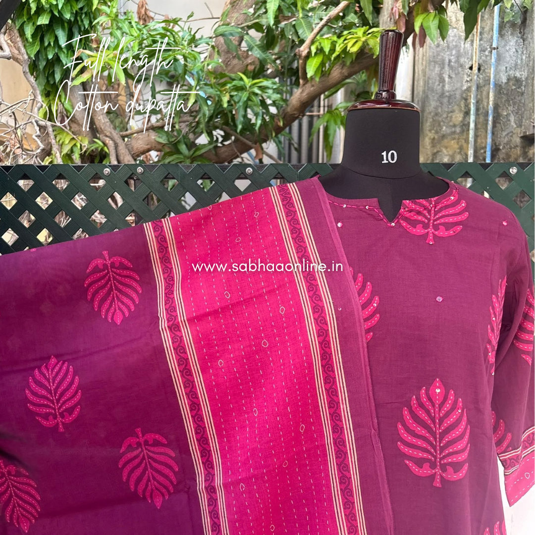 Rachana - Plum and Purple Cotton kurti 3pc set without lining - LN 75
