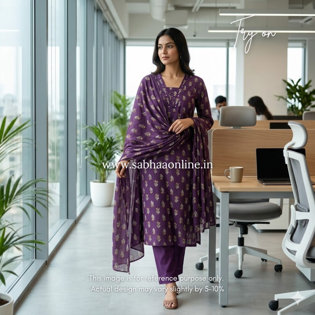 Darsha - Purple Cotton Kurti 3pc set - LN 54
