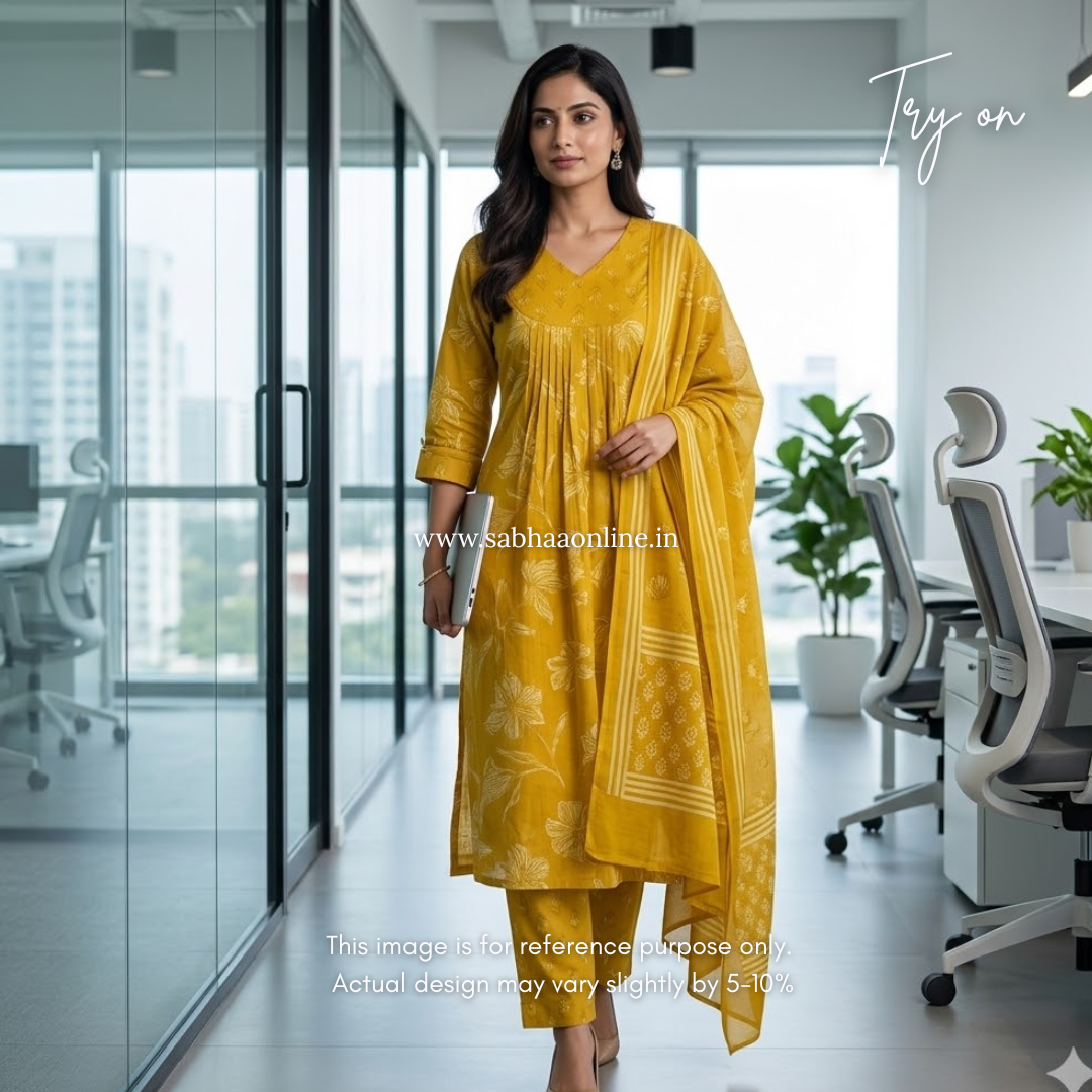 Narmada - Bright Mustard Yellow Aline Cotton kurti 3pc set with lining - LN 52