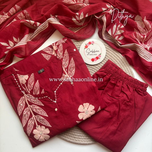 Dithya - Red Cotton Kurti 3pc set - LN 54