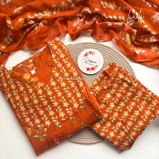 Laila - Orange Aline Cotton kurti 3pc set with lining - LN 52