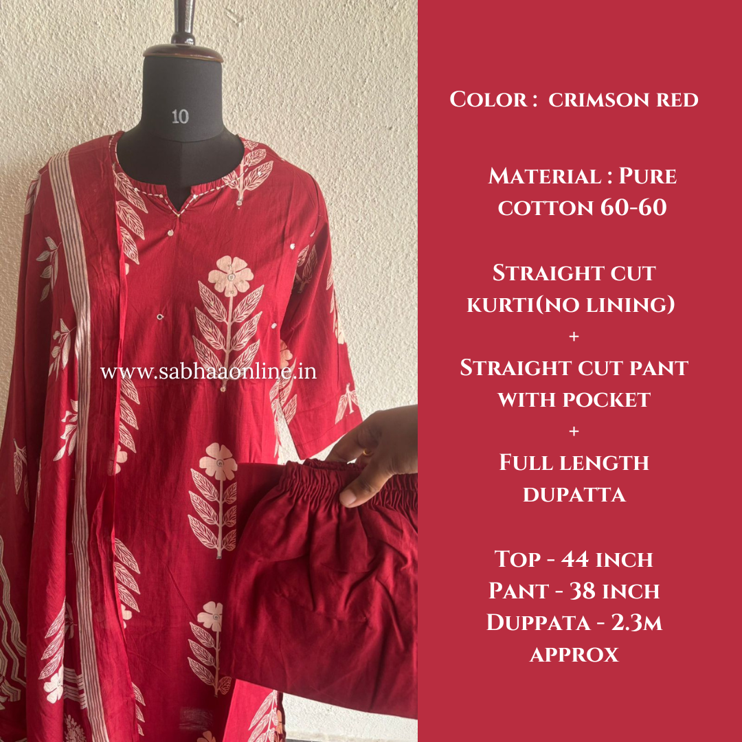 Dithya - Red Cotton Kurti 3pc set - LN 54
