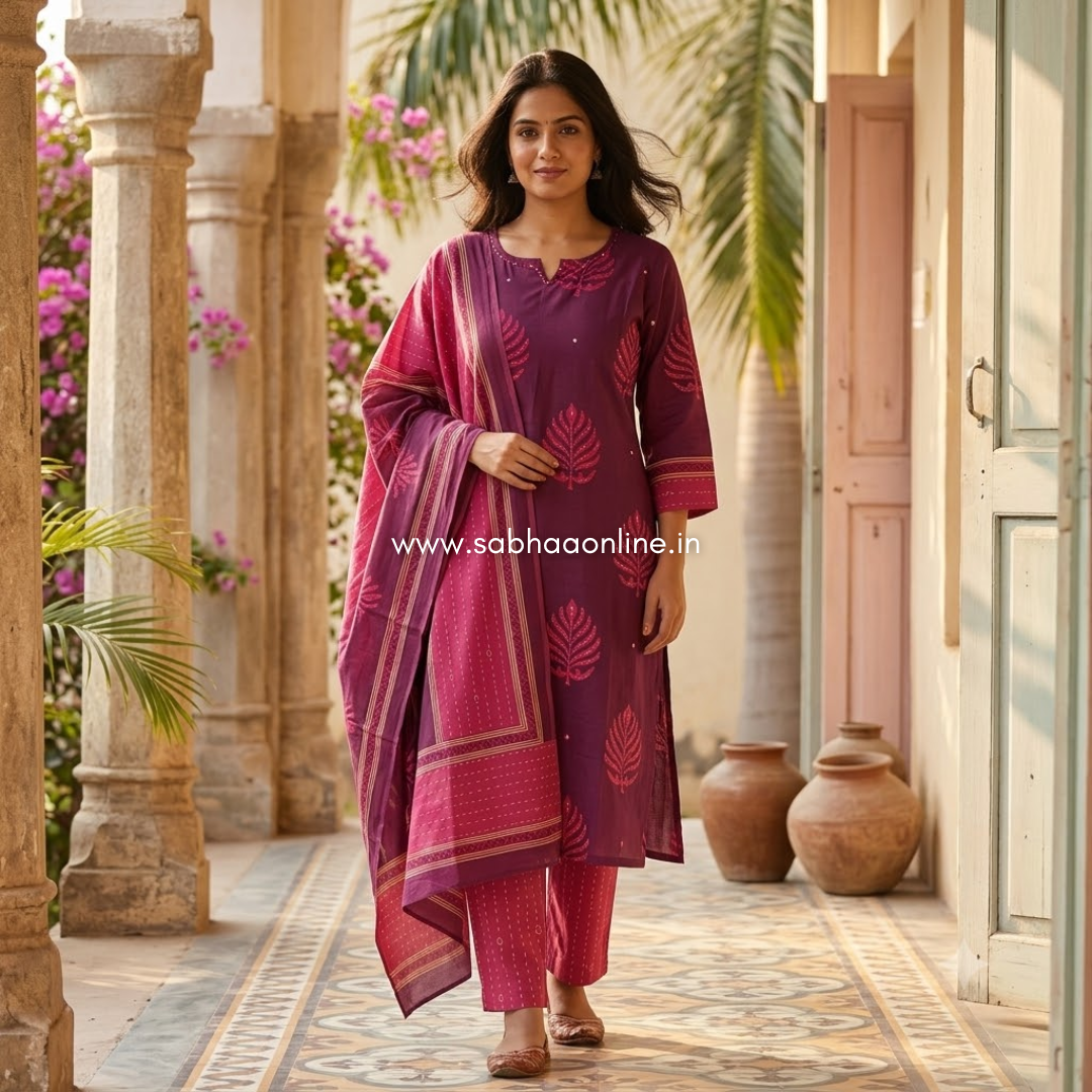 Rachana - Plum and Purple Cotton kurti 3pc set without lining - LN 75