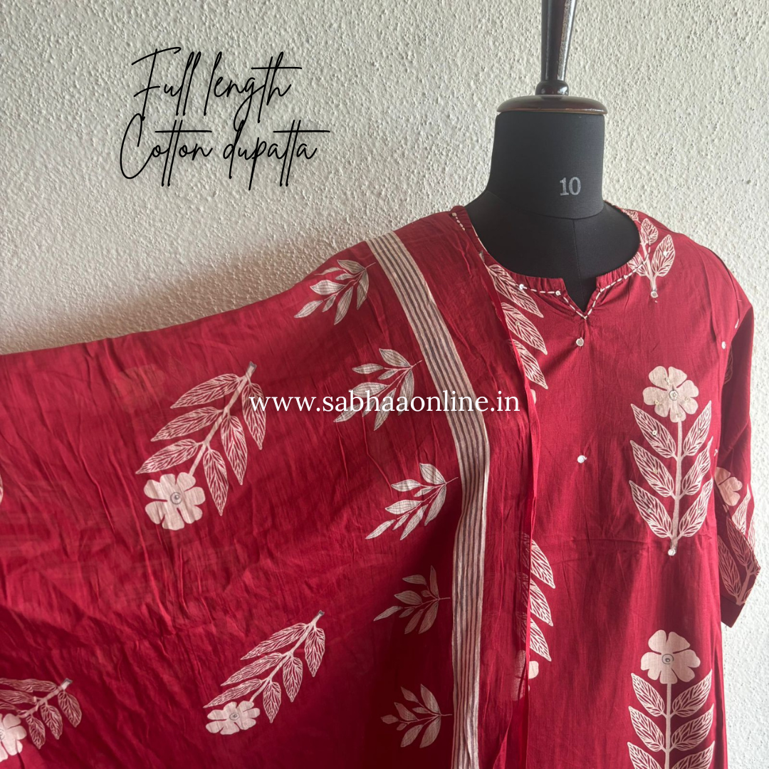 Dithya - Red Cotton Kurti 3pc set - LN 54