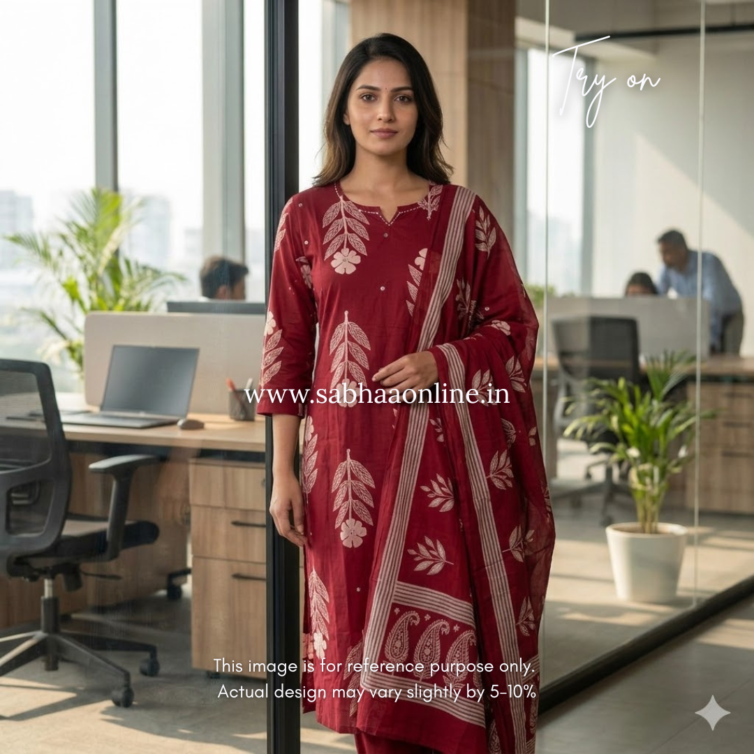 Dithya - Red Cotton Kurti 3pc set - LN 54