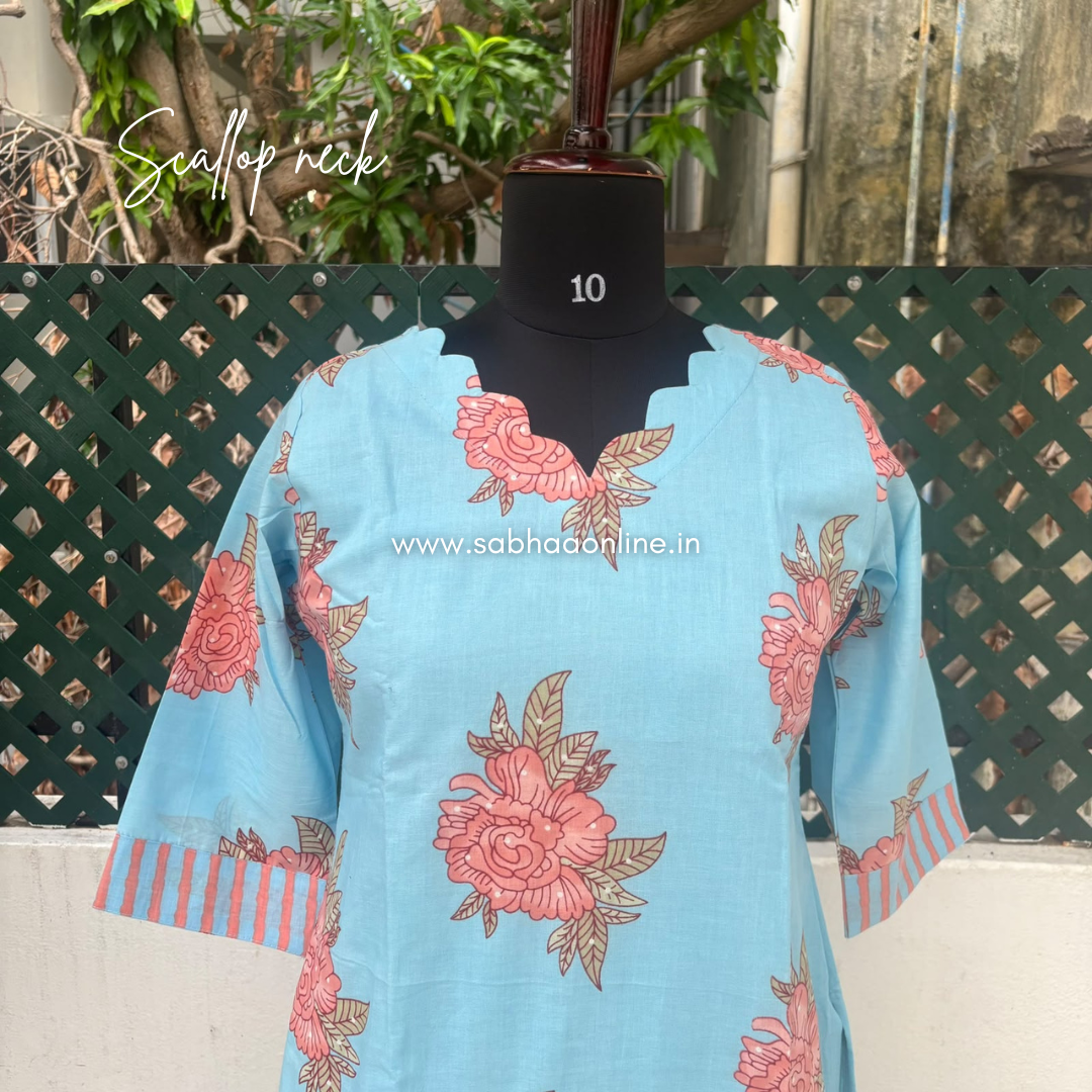 Hina - Sky Blue Florals Cotton kurti 3pc set with lining - LN 76