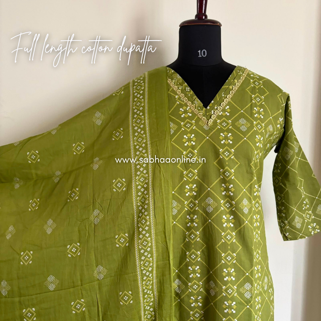 Sneha - Chartreuse green/light green Cotton kurti 3pc set with lining - LN 66