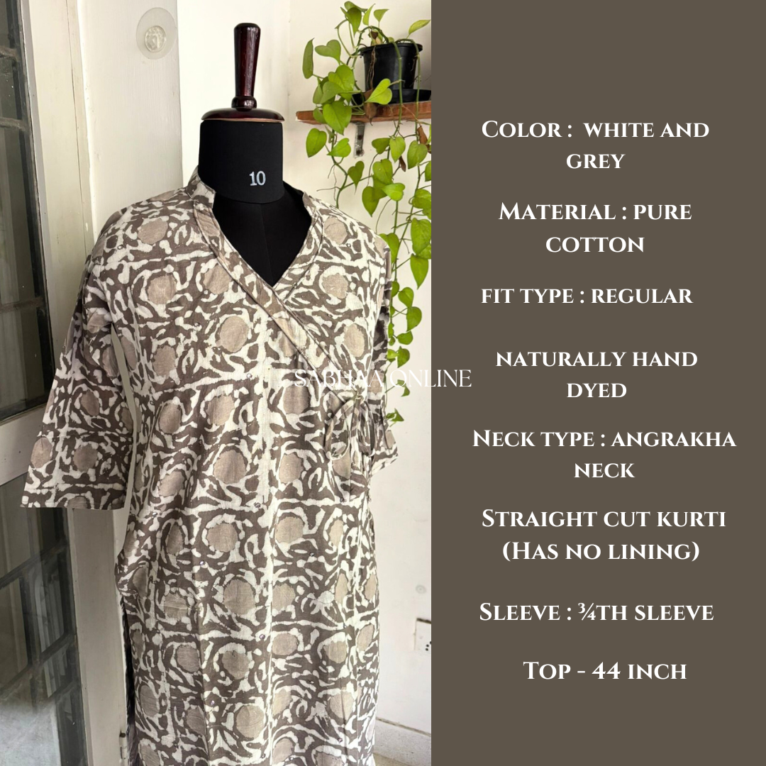 White and Grey Dabu Cotton Kurti