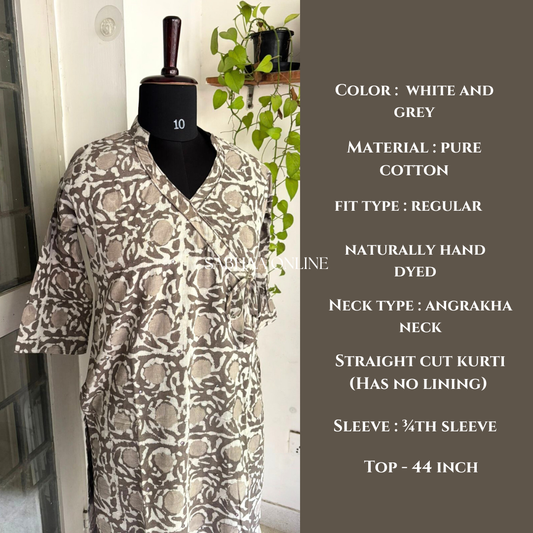 White and Grey Dabu Cotton Kurti