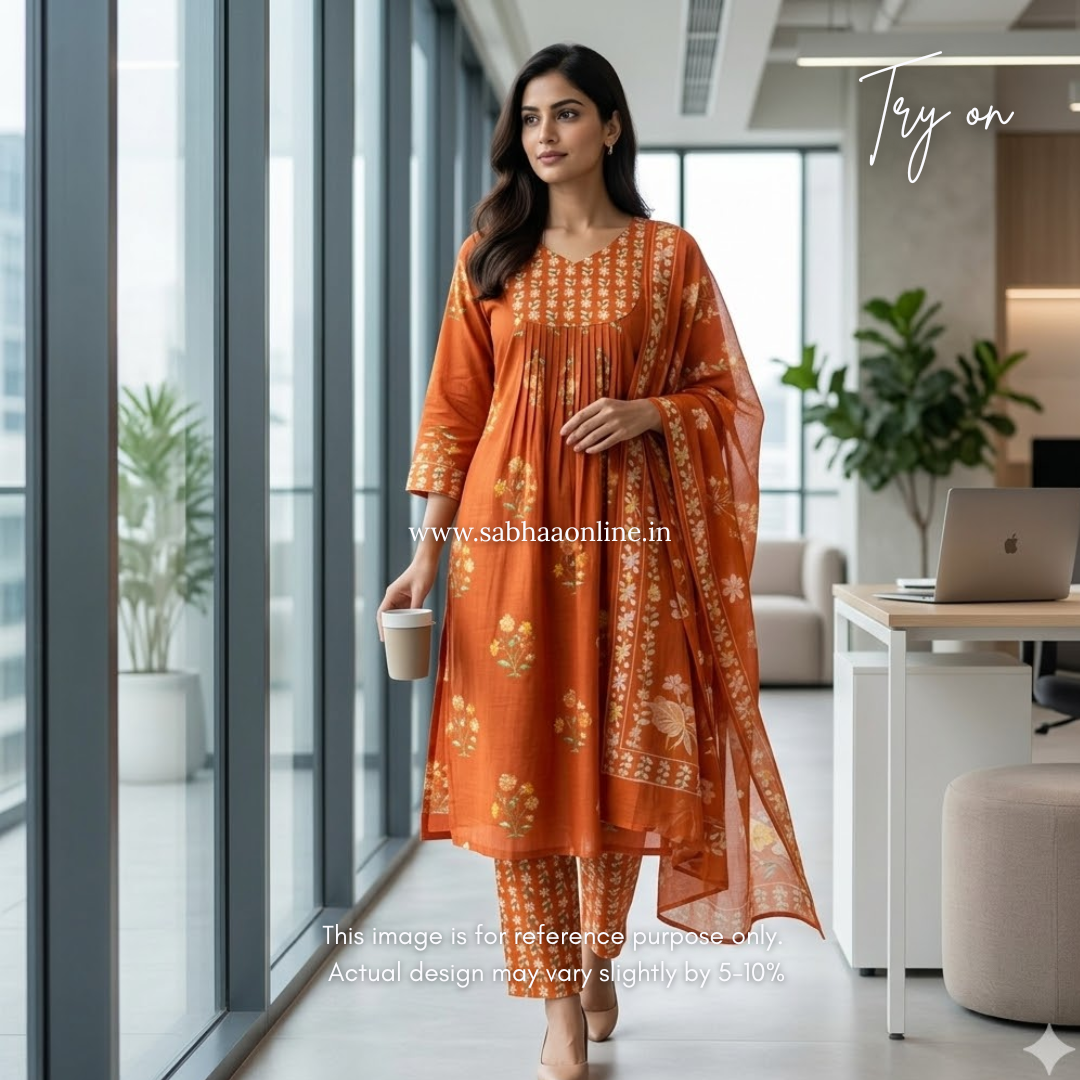Laila - Orange Aline Cotton kurti 3pc set with lining - LN 52