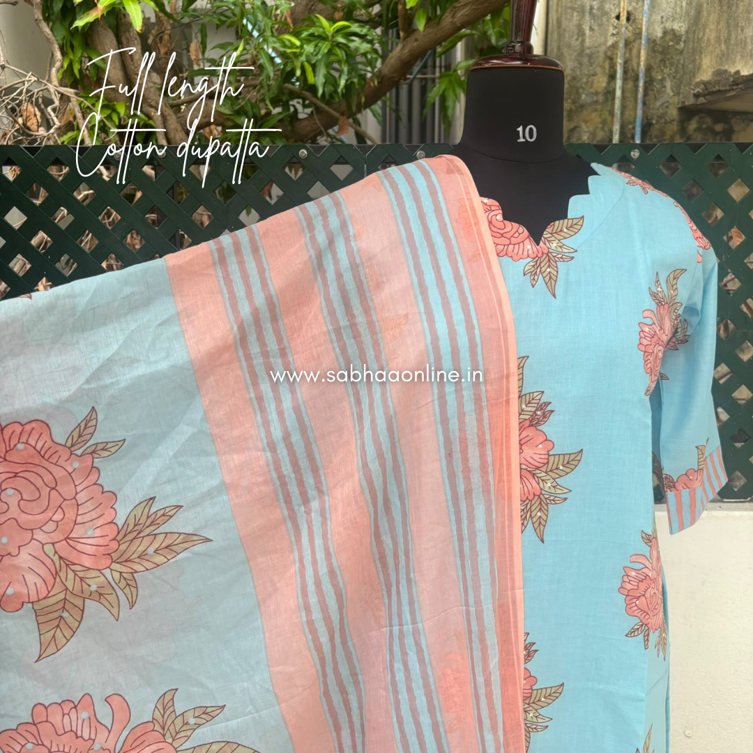 Hina - Sky Blue Florals Cotton kurti 3pc set with lining - LN 76