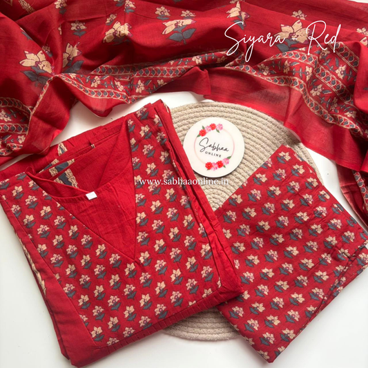 Siyara - Crimson Red Aline Cotton Kurti 3pc set with lining - LN 52