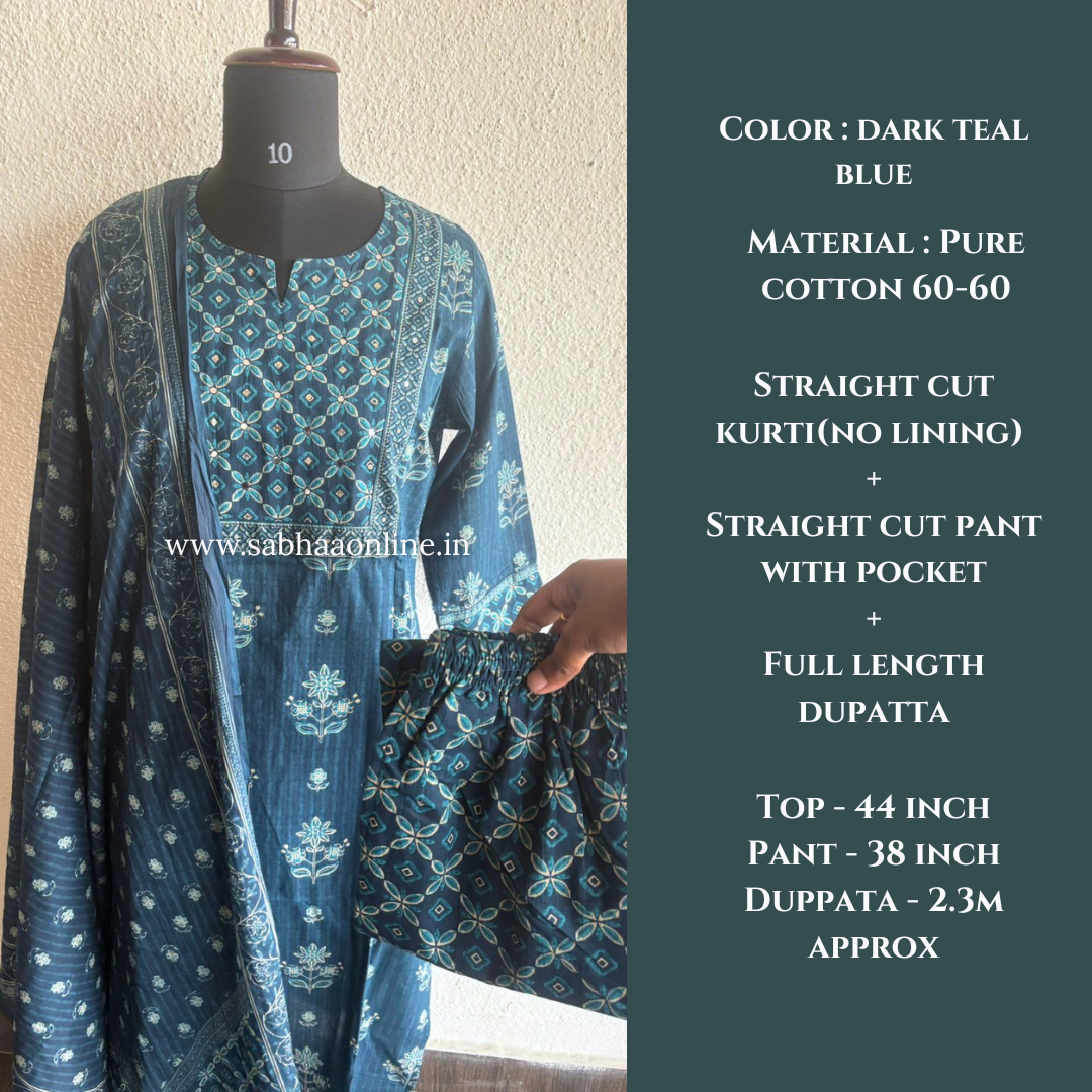 Niya - Dark teal blue Cotton kurti 3pc set - LN 54