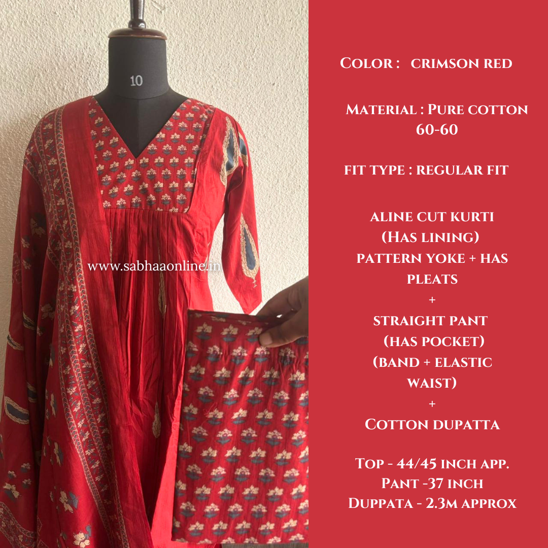 Siyara - Crimson Red Aline Cotton Kurti 3pc set with lining - LN 52
