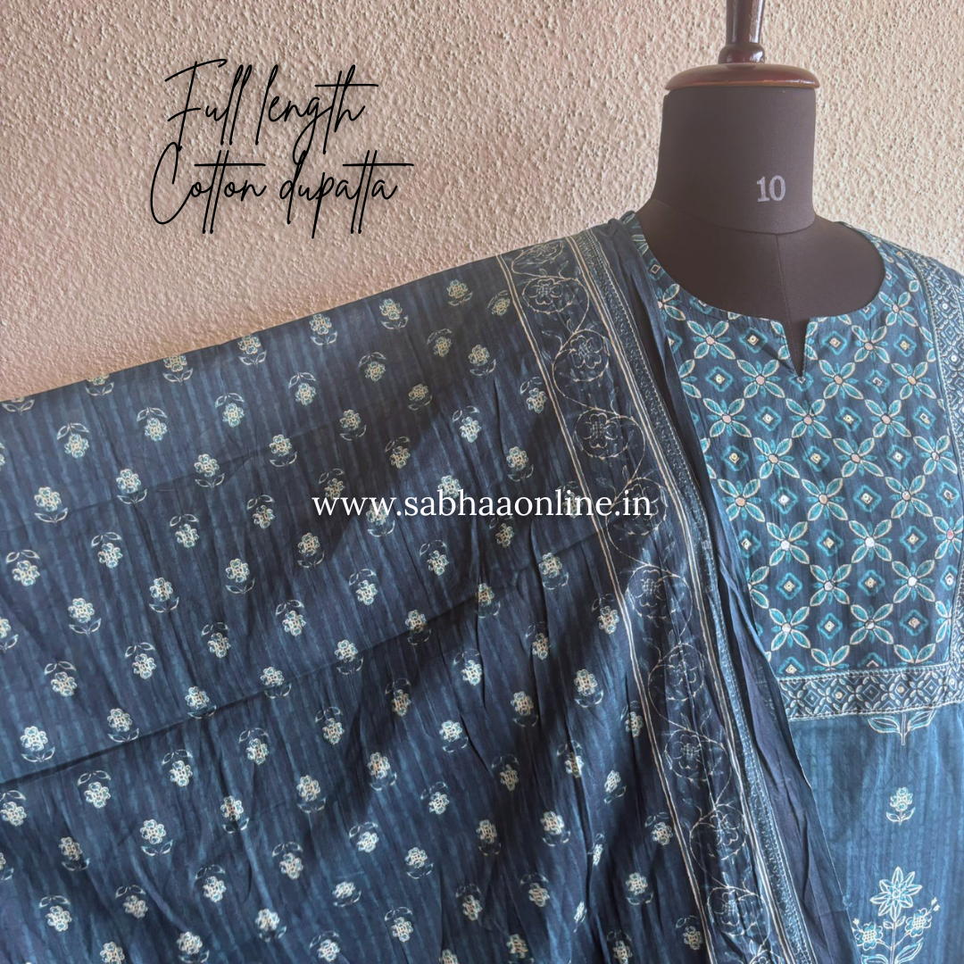Niya - Dark teal blue Cotton kurti 3pc set - LN 54