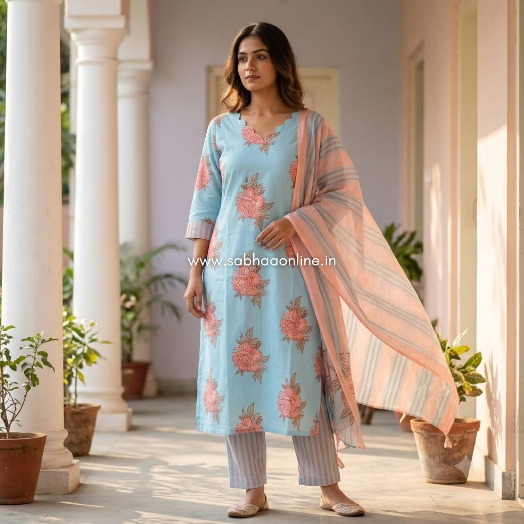 Hina - Sky Blue Florals Cotton kurti 3pc set with lining - LN 76