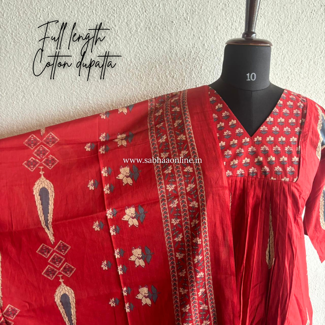 Siyara - Crimson Red Aline Cotton Kurti 3pc set with lining - LN 52