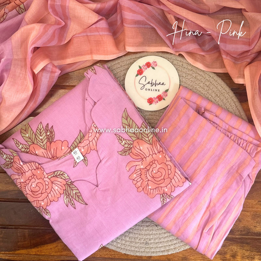 Hina - Bubblegum Rose Pink Florals Cotton kurti 3pc set with lining - LN 76