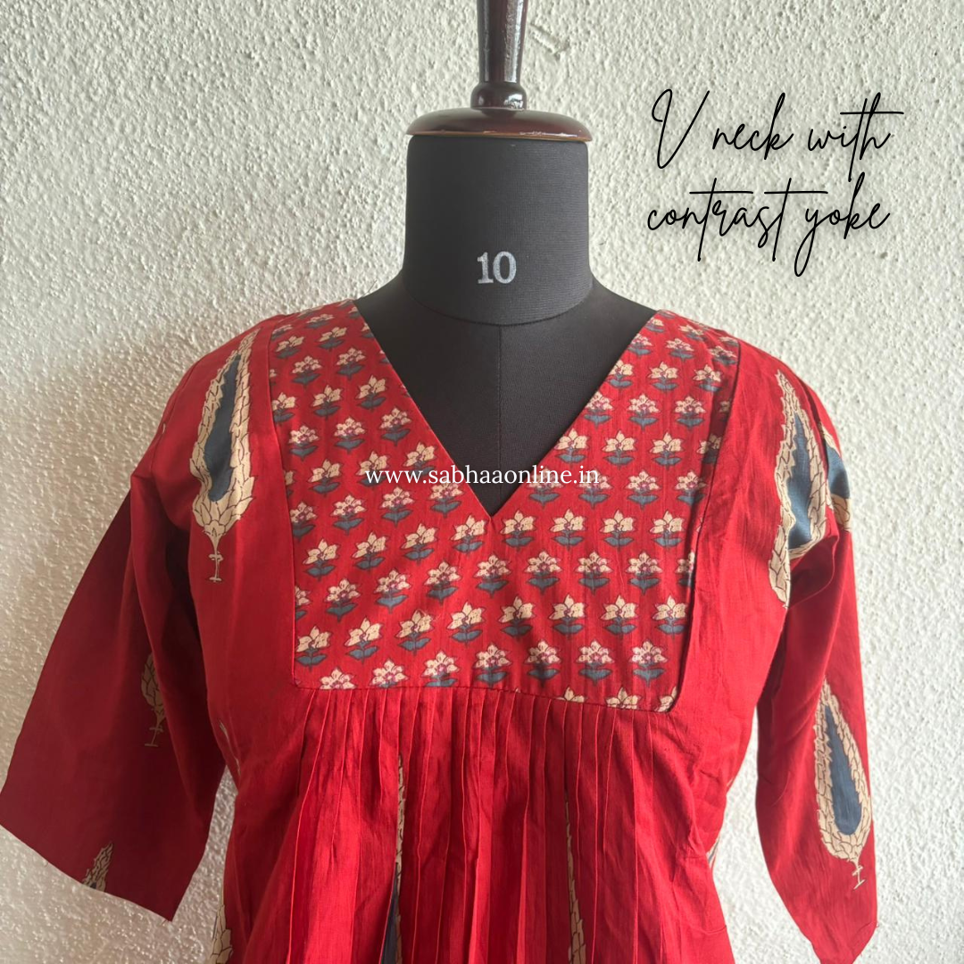 Siyara - Crimson Red Aline Cotton Kurti 3pc set with lining - LN 52