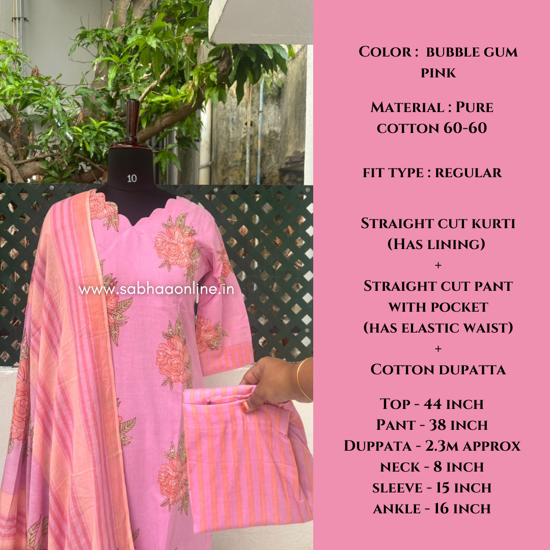 Hina - Bubblegum Rose Pink Florals Cotton kurti 3pc set with lining - LN 76