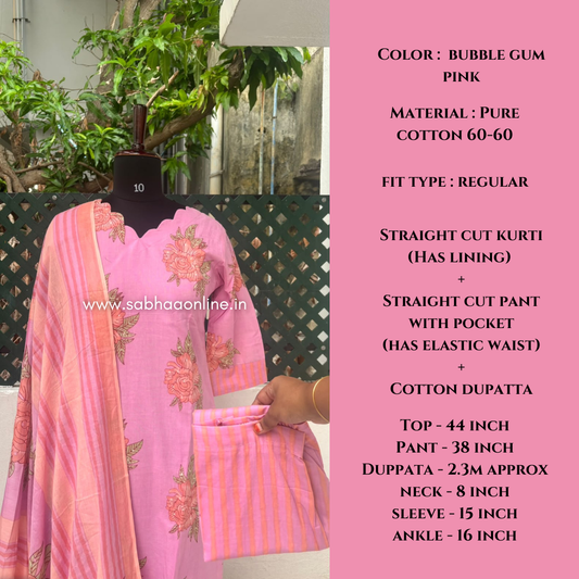 Hina - Bubblegum Rose Pink Florals Cotton kurti 3pc set with lining - LN 76