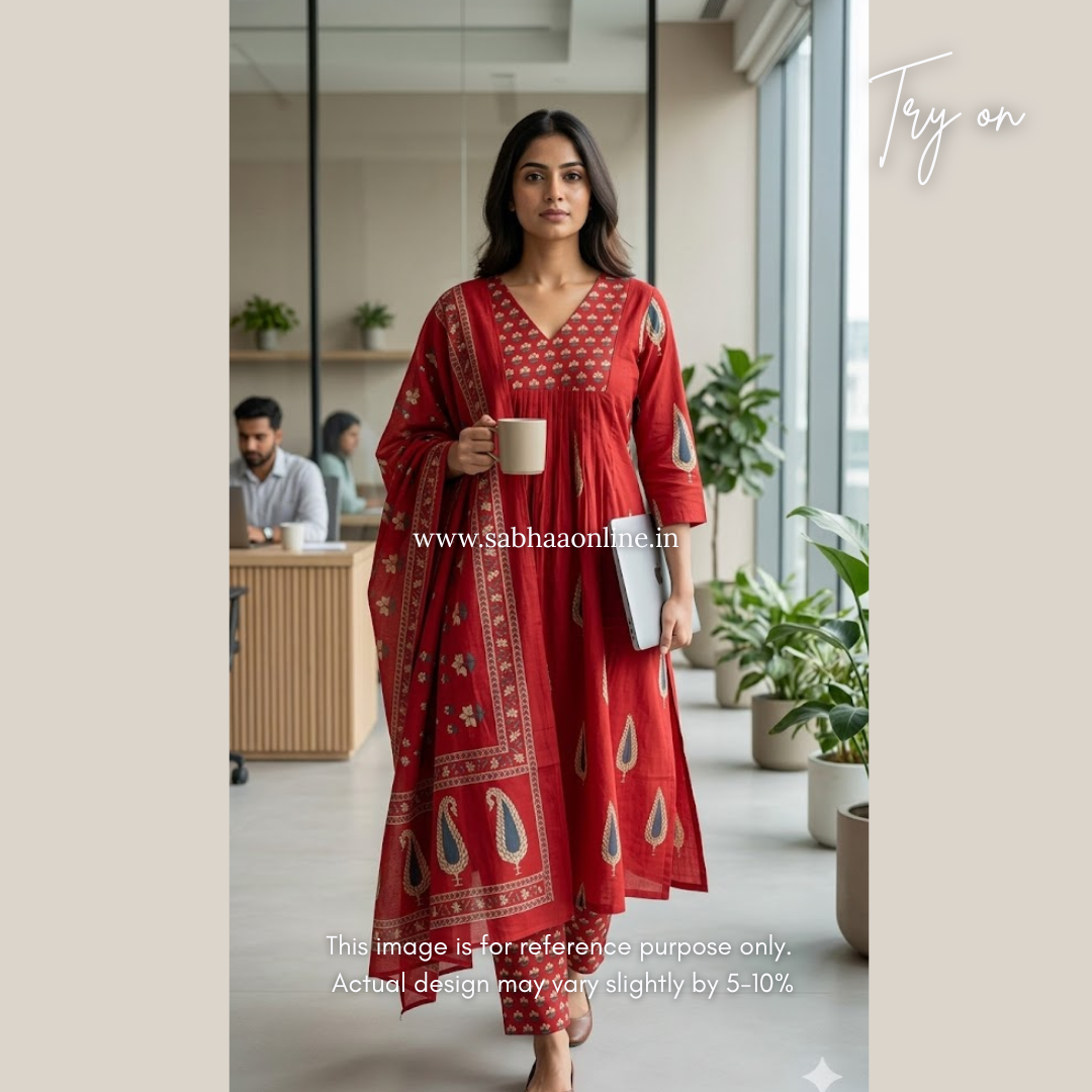 Siyara - Crimson Red Aline Cotton Kurti 3pc set with lining - LN 52