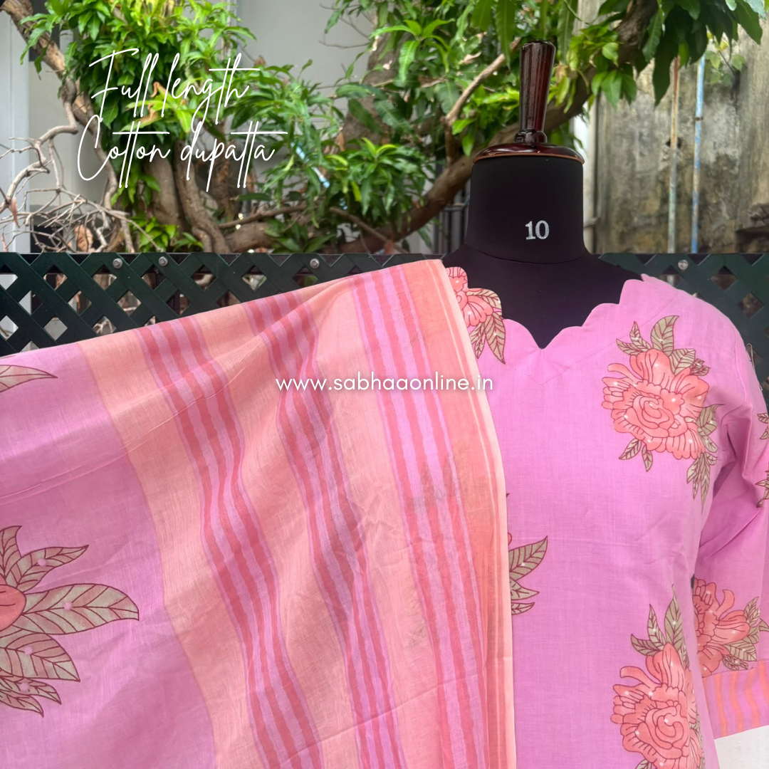 Hina - Bubblegum Rose Pink Florals Cotton kurti 3pc set with lining - LN 76