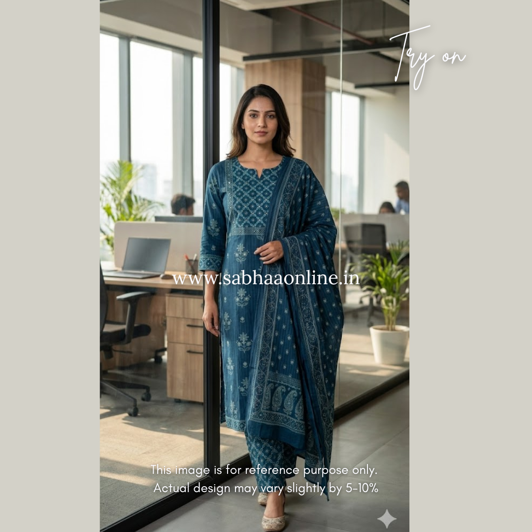 Niya - Dark teal blue Cotton kurti 3pc set - LN 54