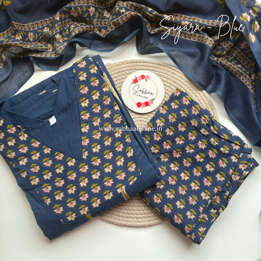 Siyara - Navy Blue Aline Cotton kurti 3pc set with lining - Size XL 42 only -  LN 52