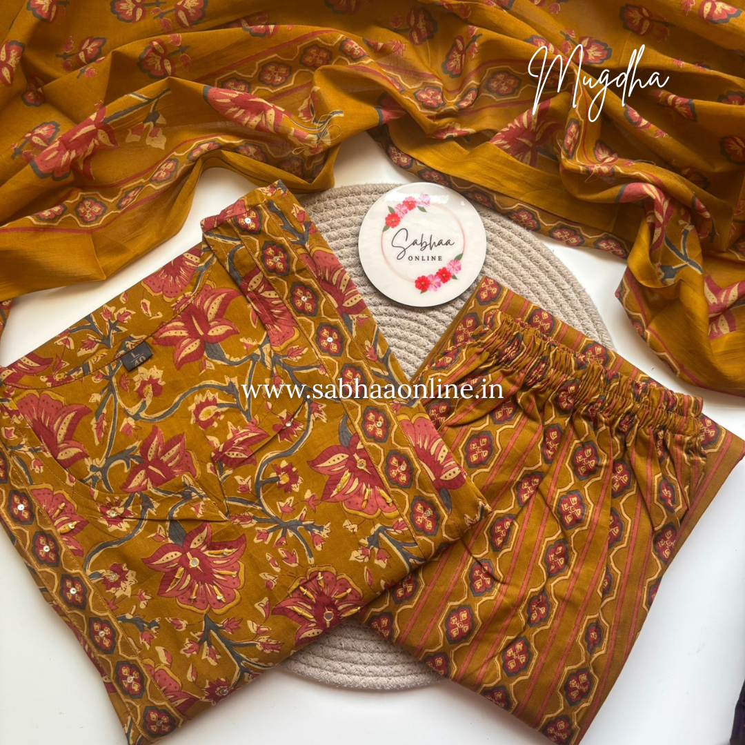 Mugdha - Mustard Yellow Cotton kurti 3pc set - LN 54