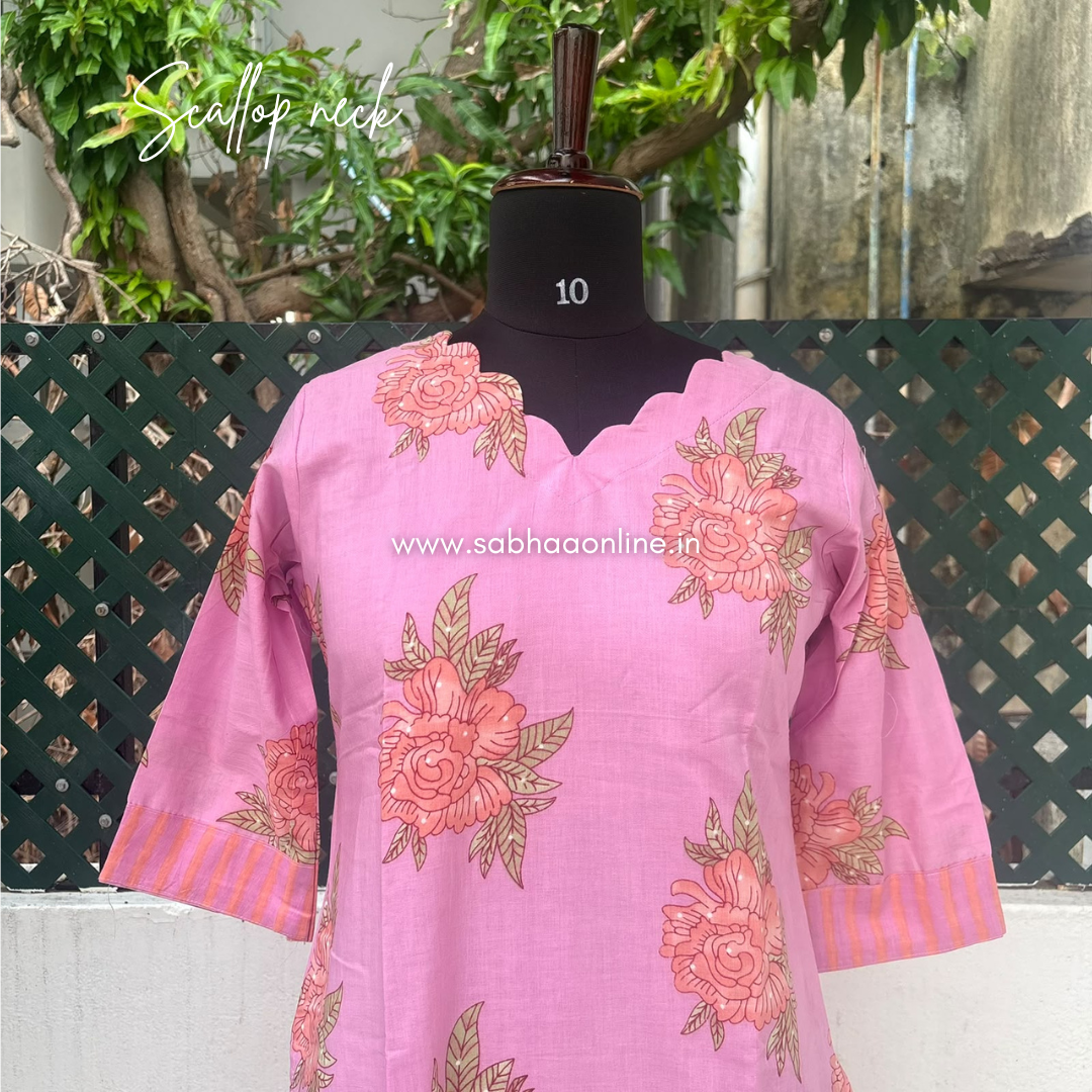 Hina - Bubblegum Rose Pink Florals Cotton kurti 3pc set with lining - LN 76
