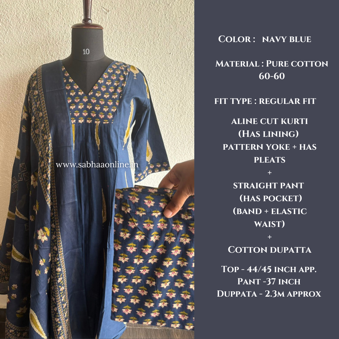Siyara - Navy Blue Aline Cotton kurti 3pc set with lining - Size XL 42 only -  LN 52