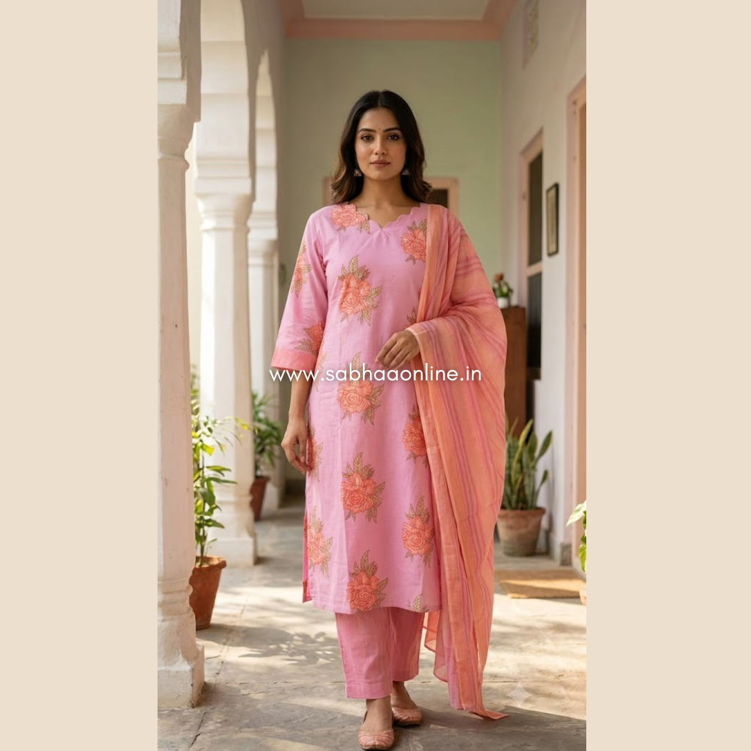 Hina - Bubblegum Rose Pink Florals Cotton kurti 3pc set with lining - LN 76