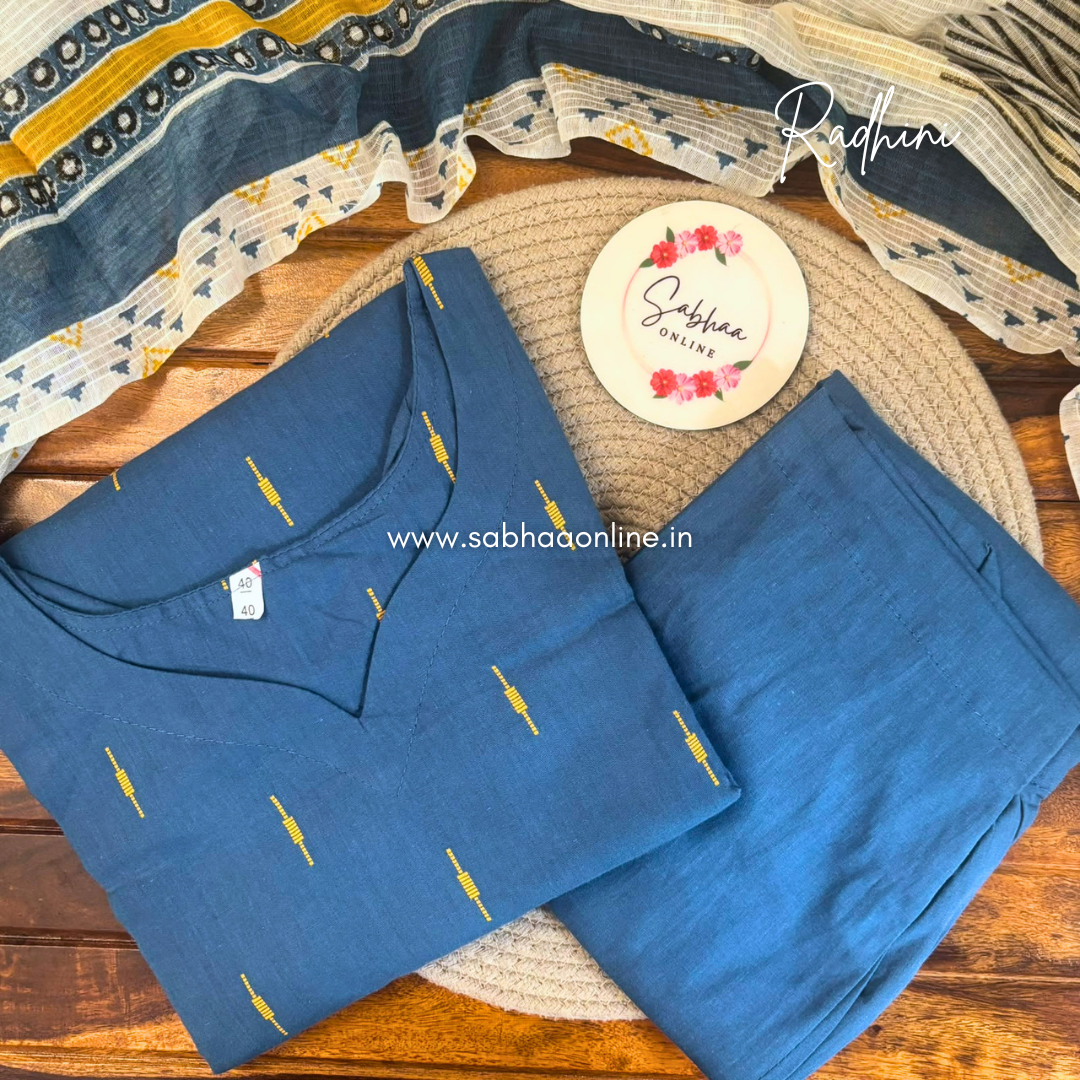 Radhini - Steel Blue Soft Handloom Cotton Kurti 3pc set with lining - LN 76