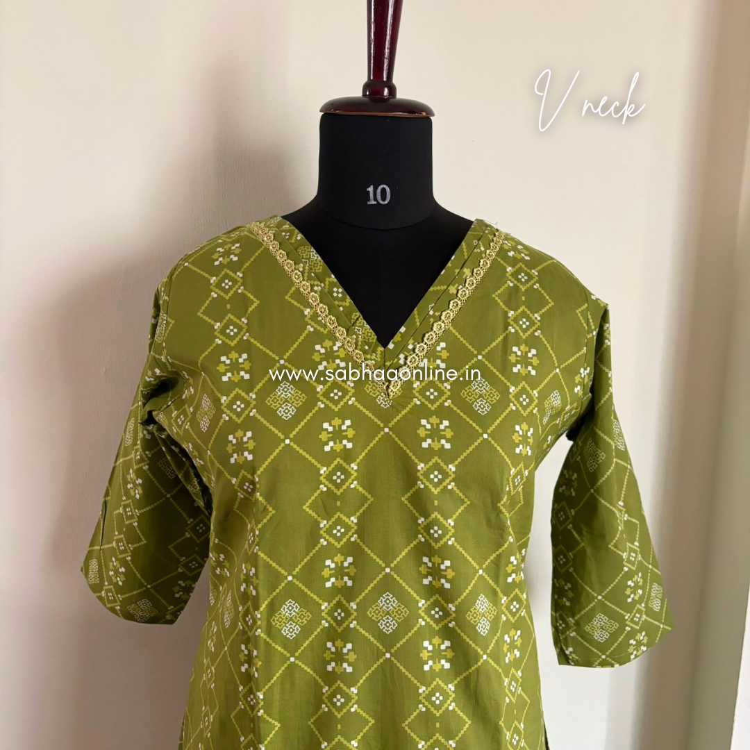 Sneha - Chartreuse green/light green Cotton kurti 3pc set with lining - LN 66