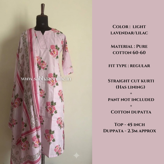Malaviya - Lilac Cotton kurti + dupatta combo - No pant included - (Size 44 only)